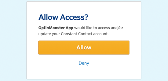 Permita que OptinMonster acceda a su cuenta de Constant Contact
